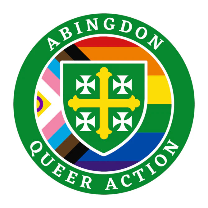 Logo of Abingdon Queer Action with a rainbow design and shield emblem.