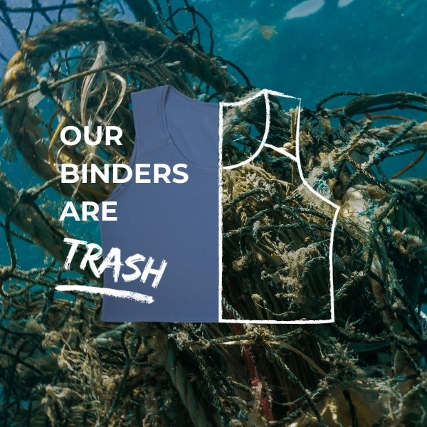 Binder illustration with background of ocean waste and the text Our binders are trash