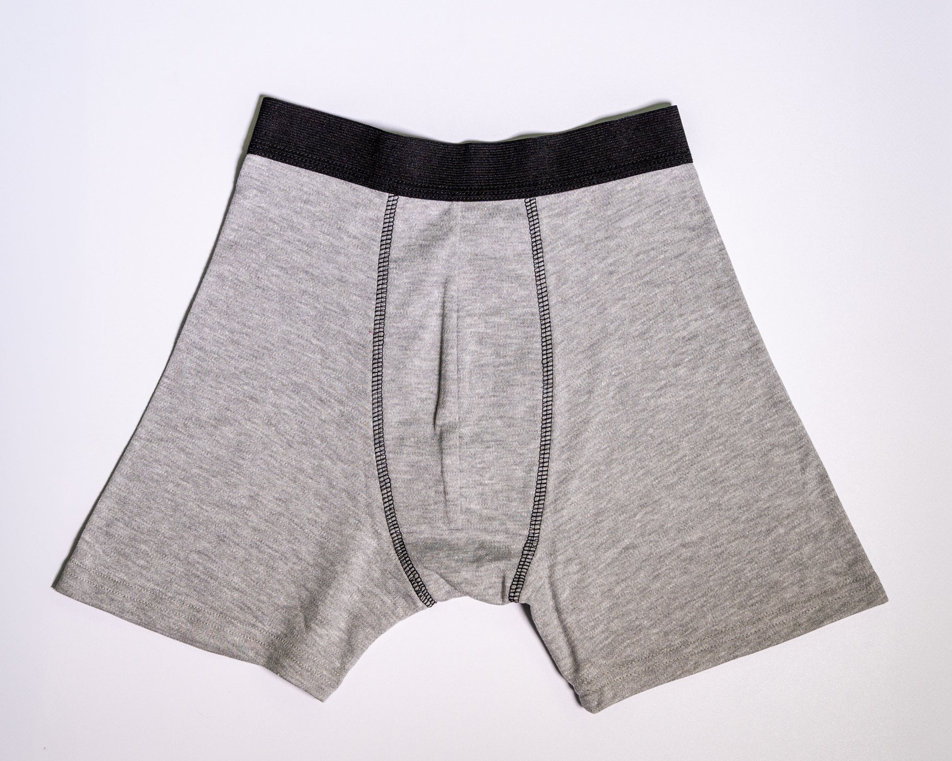 Gray boxer briefs with black waistband on a white background