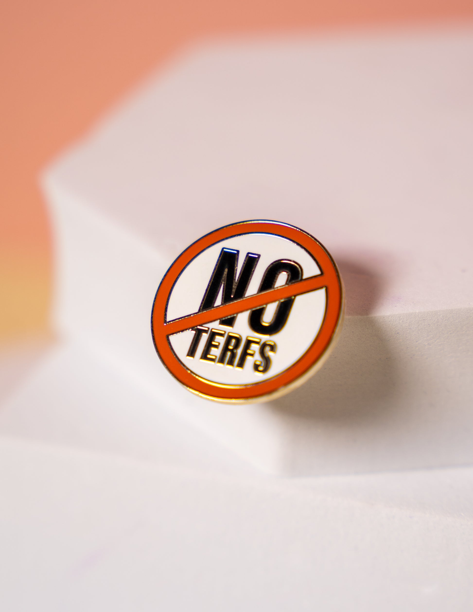 a small pin reading "NO TERFS" with a red prohibited symbol 