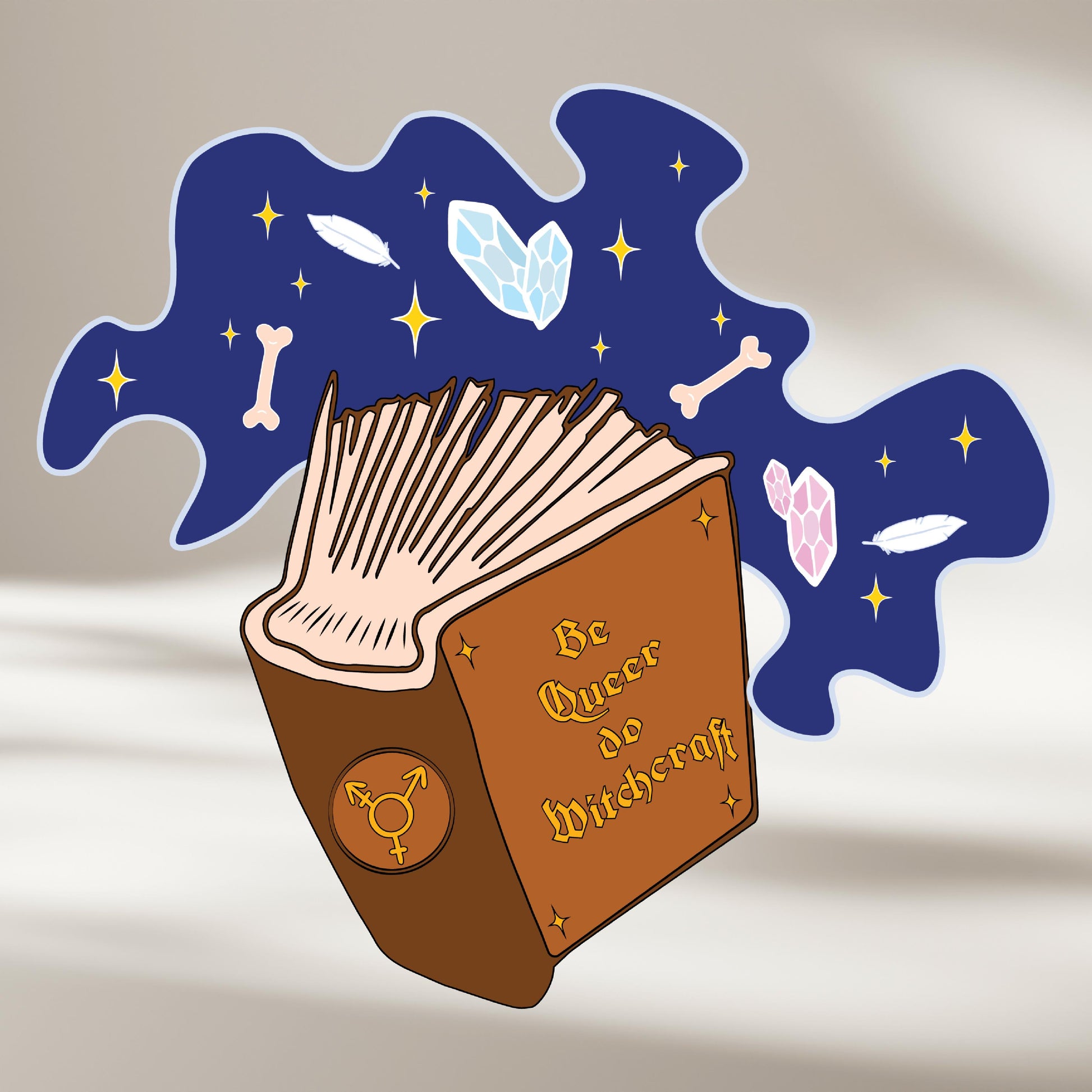 Illustration of an open book titled 'Be Queer do Witchcraft' with magical symbols on a beige background.