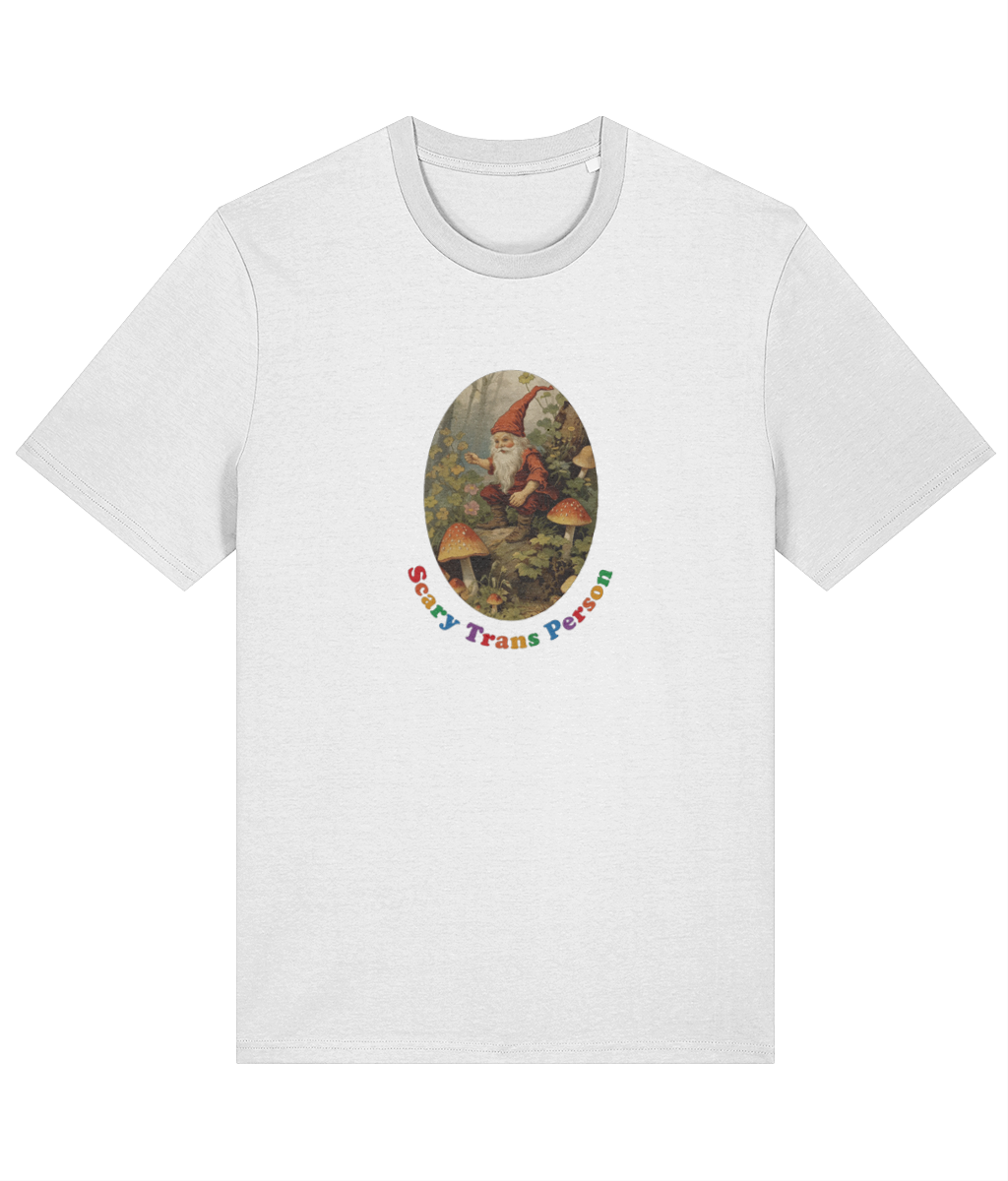 White t-shirt with a colorful woodland gnome graphic featuring 'Scary Trans Person' text on a white background
