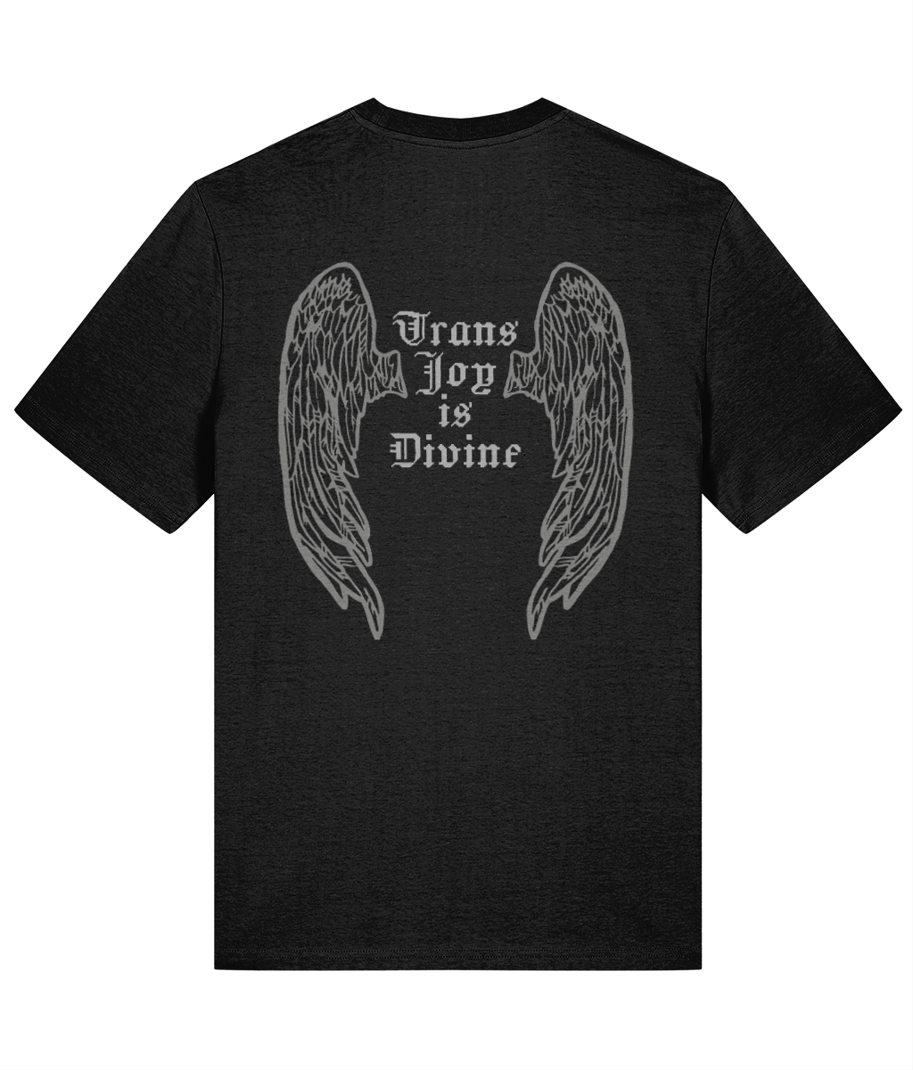 Black t-shirt with angel wings and 'Trans Joy is Divine' text on a white background