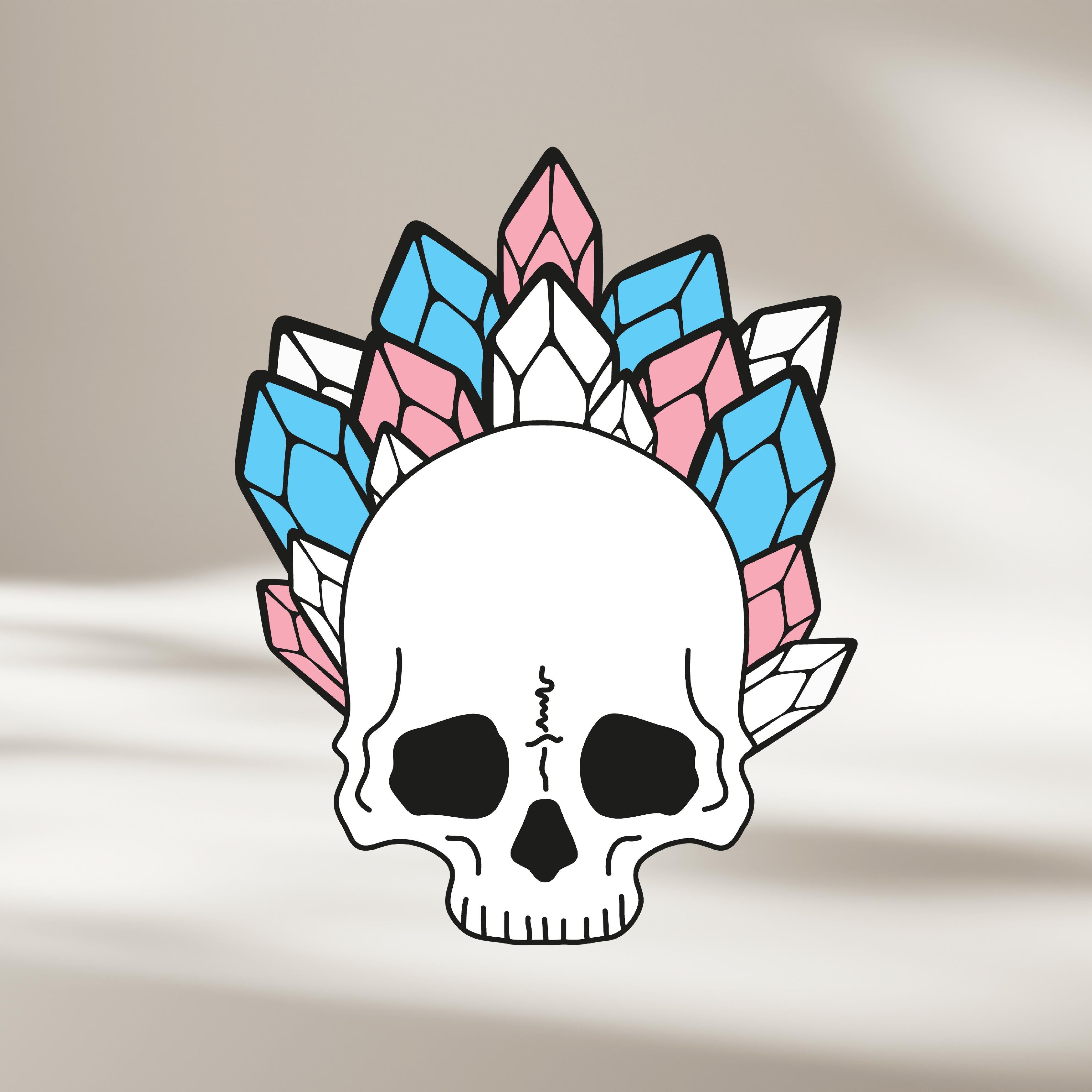 Skull graphi with trans flag colours crystal headdress on a beige background